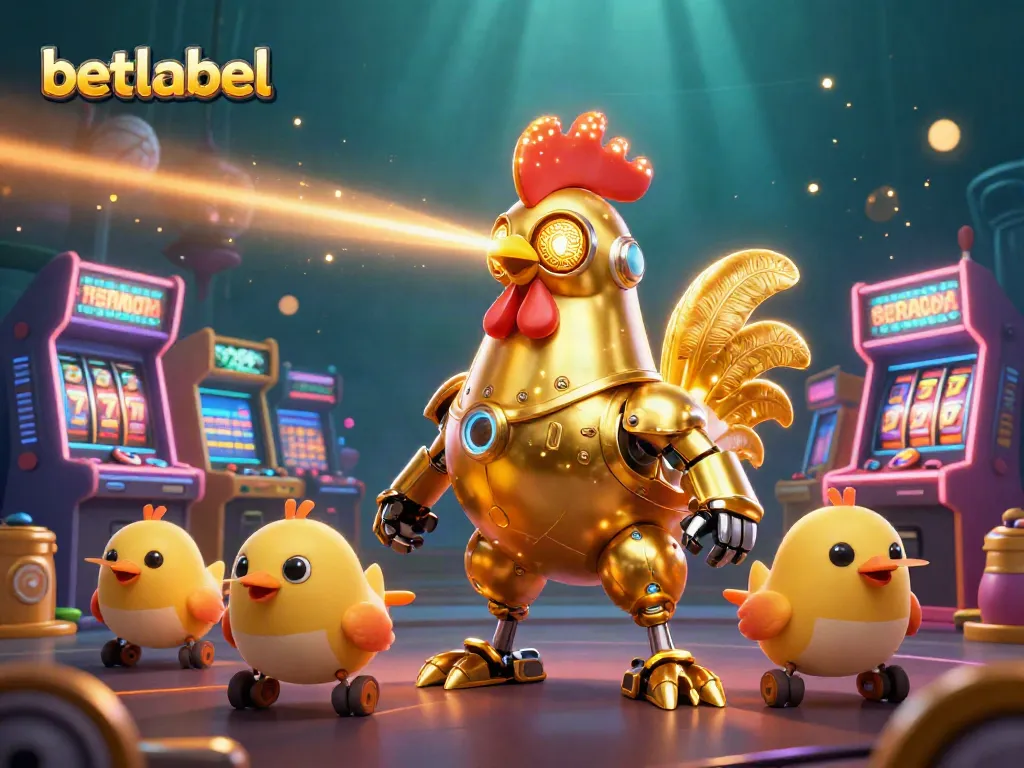 Experience the thrilling world of betlabel with a dynamic, colorful casino scene featuring a golden rooster robot and baby chick drones.