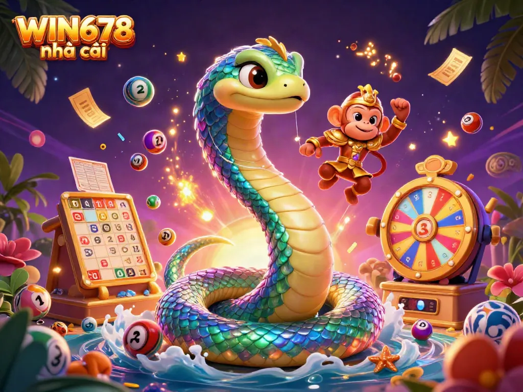 Experience the excitement of WIN678 nhà cái with vibrant lottery elements and captivating characters in a richly detailed scene.