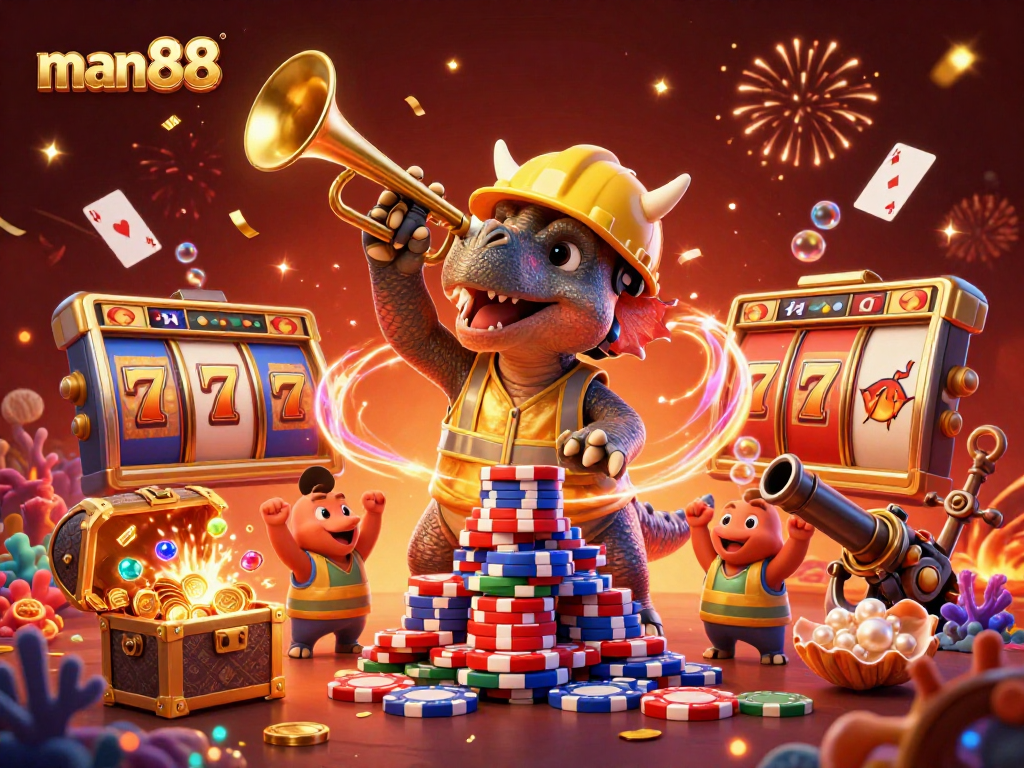 Experience thrilling casino moments with man88, as vibrant characters celebrate around poker chips and glimmering treasures.