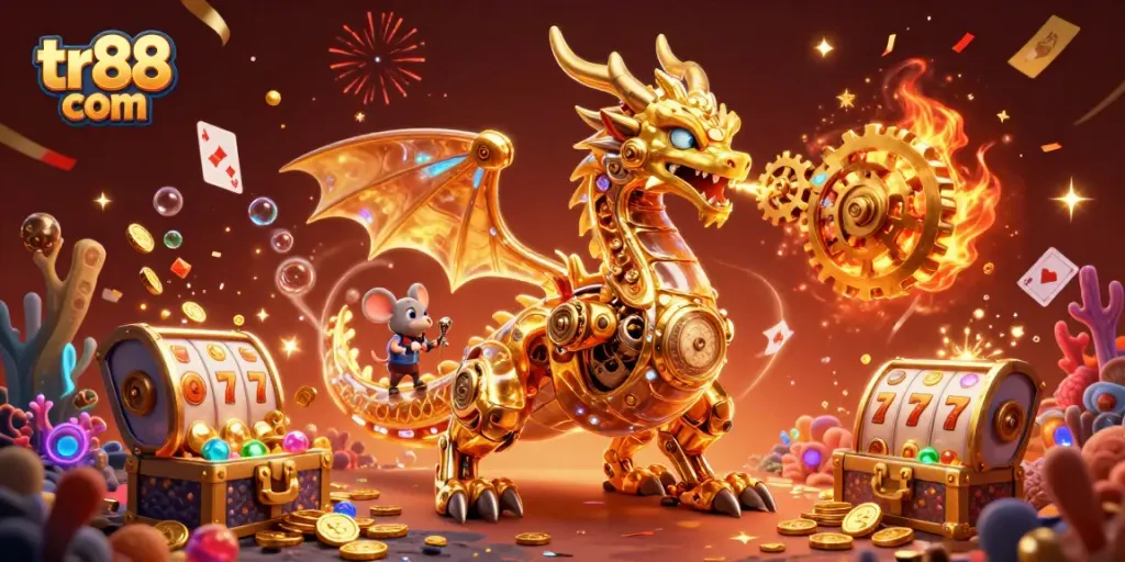 Engage with tr88 com through a vivid 3D dragon-themed illustration showcasing casino excitement and treasure.