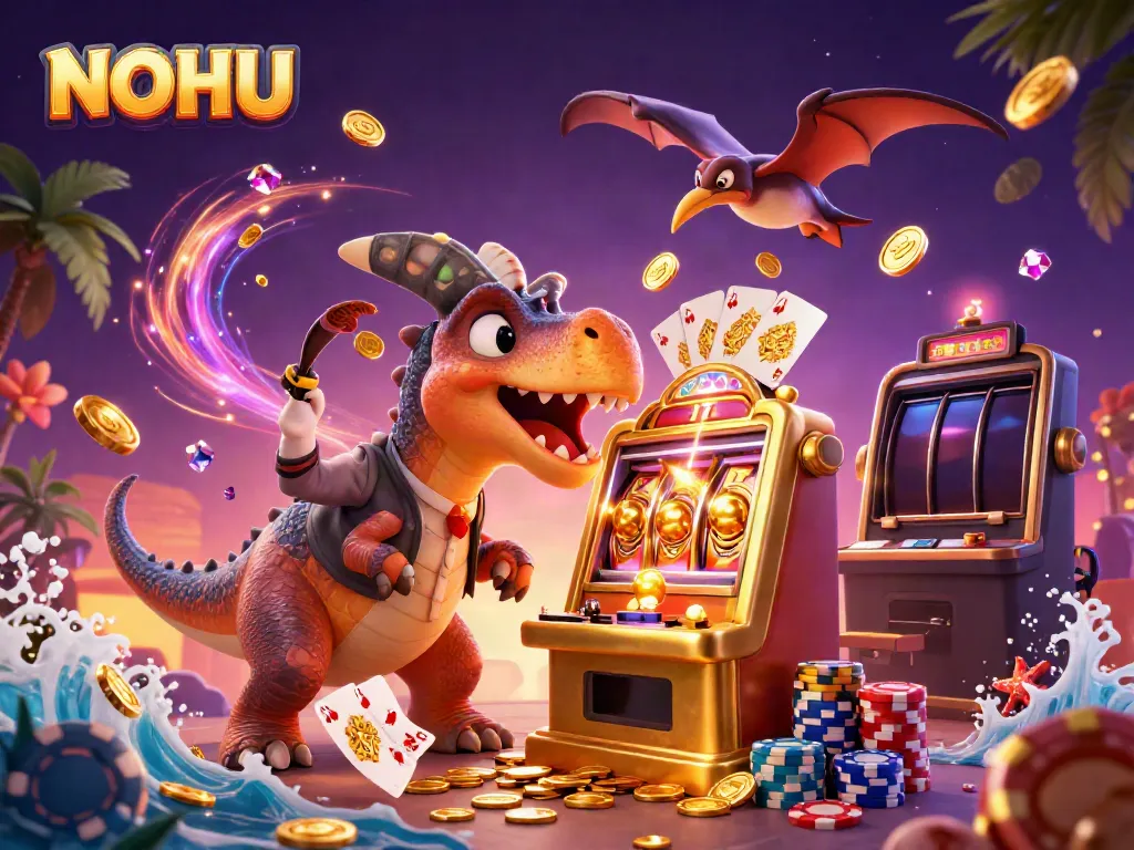 NOHU brings excitement by showcasing a dinosaur winning coins at the slot machine.