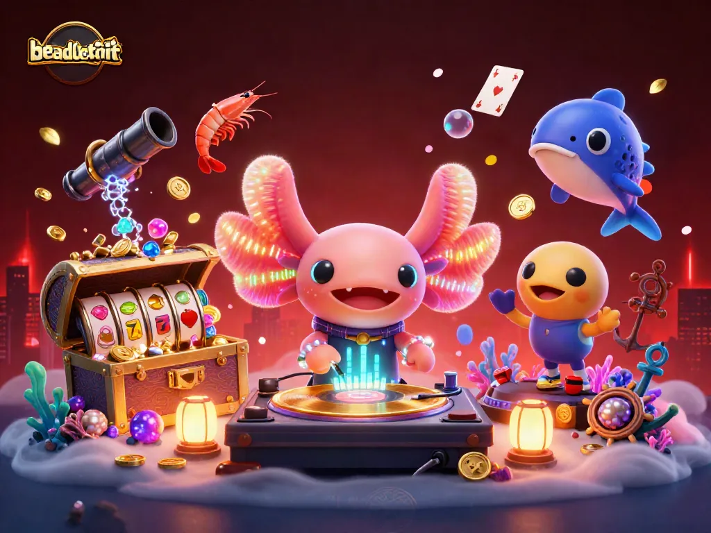 Engage with beasdetroit's vibrant axolotl DJ spinning at an underwater casino party.