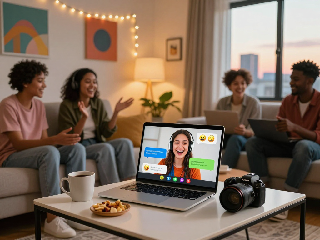Spicy chat AI interaction exemplified through friends enjoying a lively digital conversation in a cozy setting, enhancing social connection.