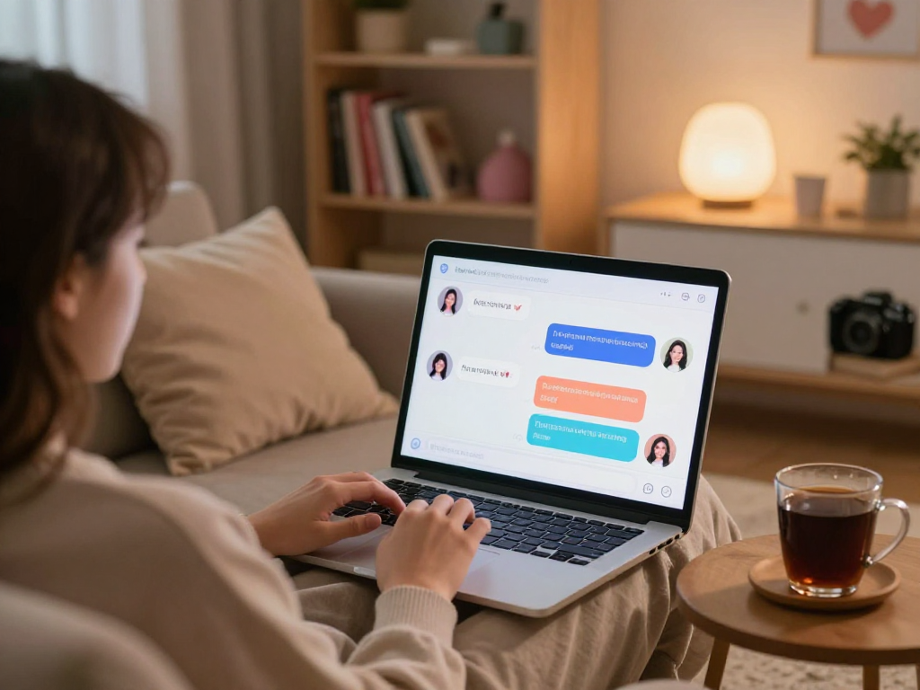 User engaging in a cozy chat with a dedicated sex ai companion in a welcoming virtual space.