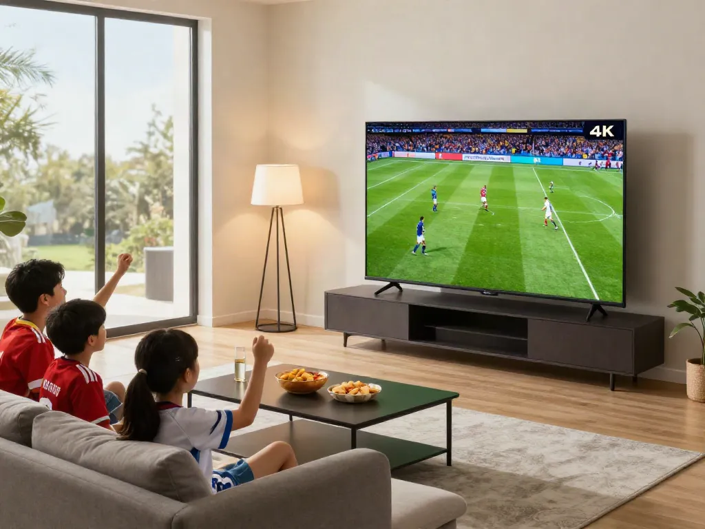 Miglior Iptv family enjoying a live soccer match in a modern living room.