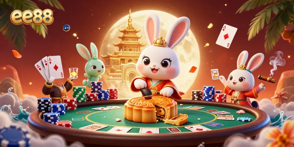 Experience thrilling moments at ee88 as moon rabbits celebrate wins with poker chips and vibrant casino elements.