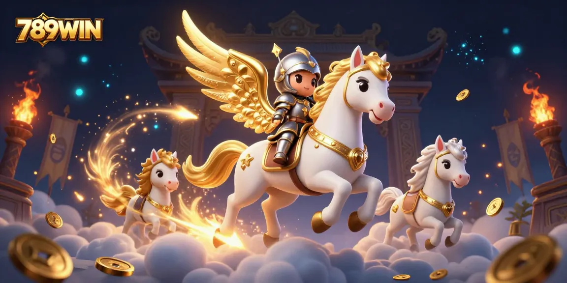 Experience the magic of 789WIN with a celestial scene of a knight riding a golden-winged horse amidst gambling excitement.