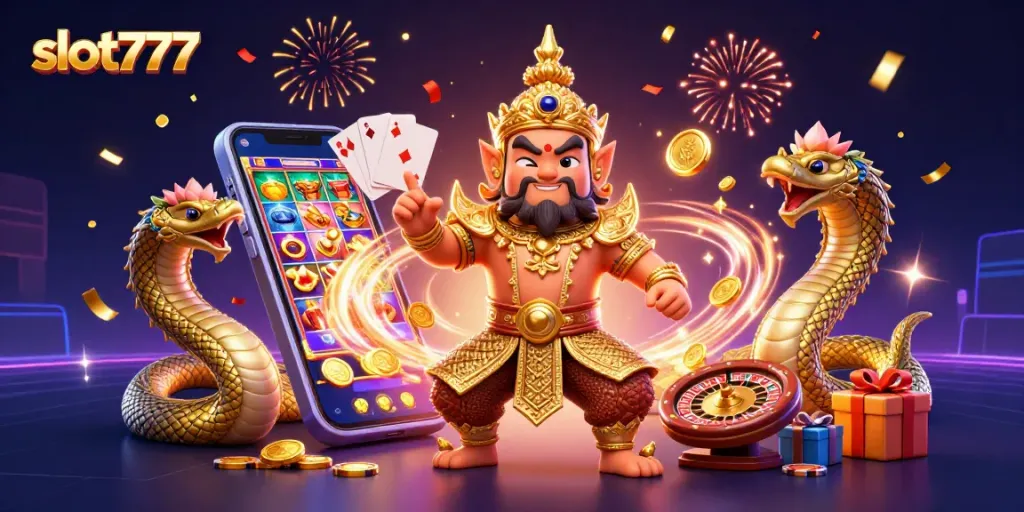 Spin to win with slot777 - vibrant 3D casino illustration showcasing exciting slot game elements.